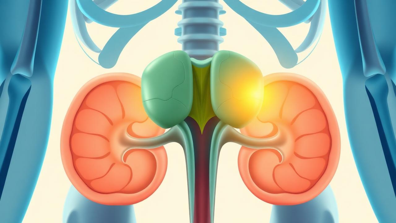 Medical illustration of the adrenal glands sitting atop the kidneys