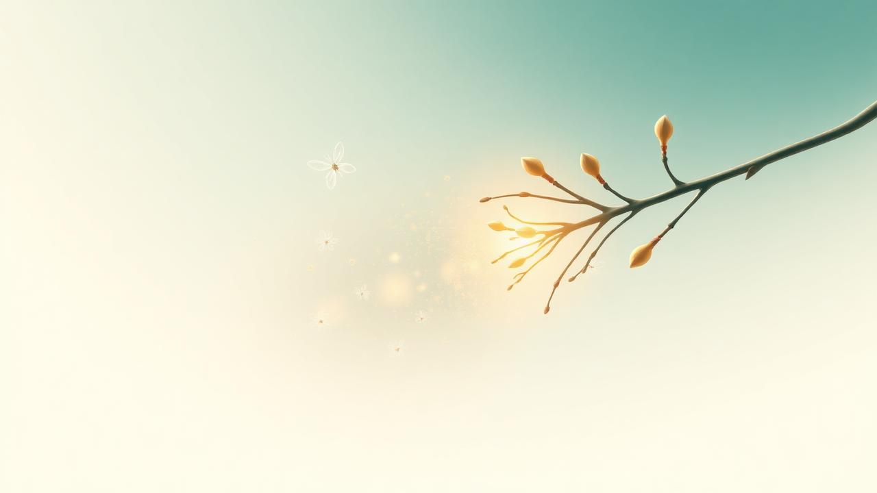 Editorial illustration of pollen and airborne particles near a botanical branch