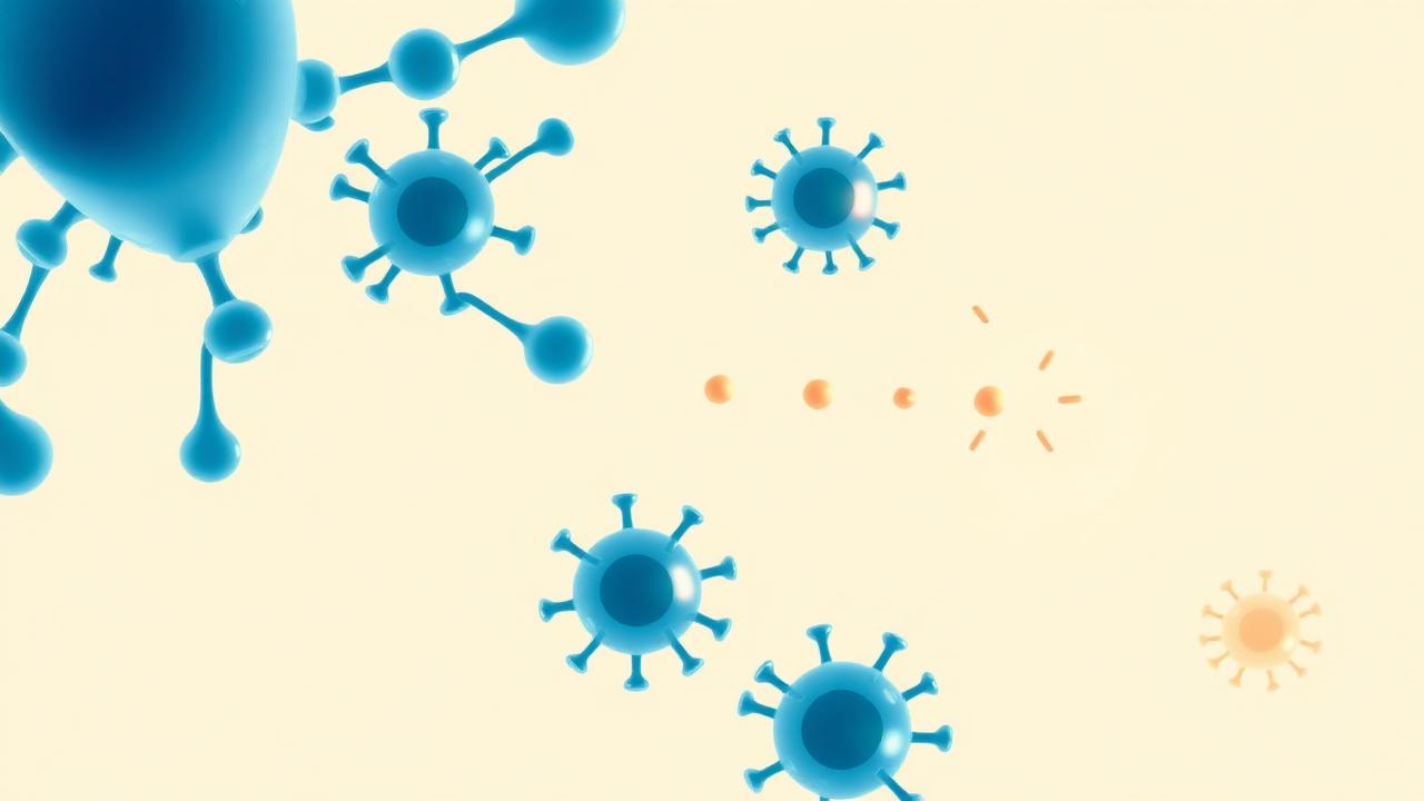 Editorial illustration of an immune response with histamine molecules and pollen grains