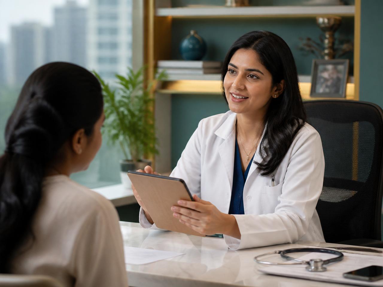 Homeopathic doctor reviewing patient case files during a follow-up consultation