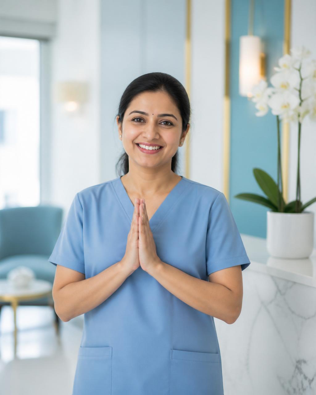 Patient care coordinator welcoming visitors with a Namaste gesture at Dr. Shadaab's homeopathy clinic in Mumbai