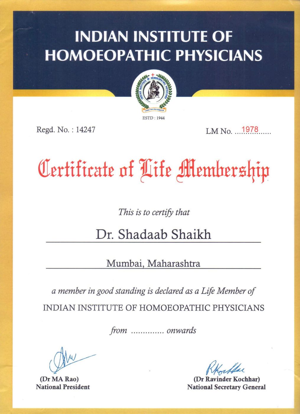 Dr. Shadaab Shaikh IIHP (Indian Institute of Homoeopathic Physicians) Life Membership Certificate